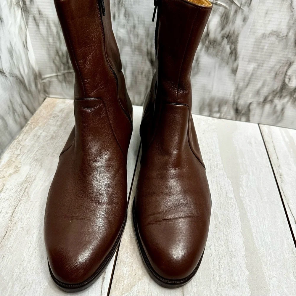 Men Classic Warm Brown Leather Resoled Office Side Zip Dress Boots Stacked Heel
